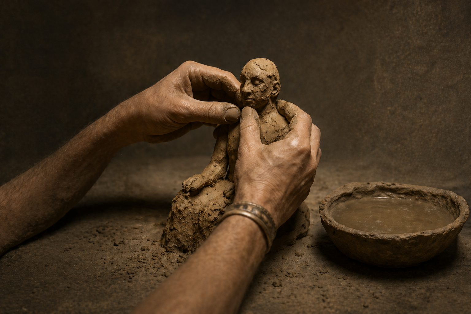 rappresentazione della creazione dell'uomo secondo i la mitologia sumera, mani che creano la forma umana con l'argilla