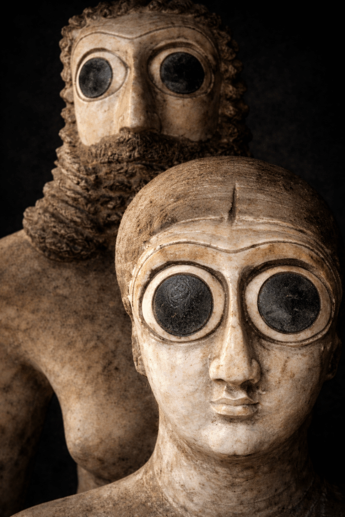 volti di due statuette di tell asmar con grandi occhi
