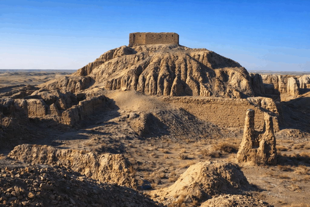 foto d'epoca restaurata a colori dell'ekur di Nippur. vista panoramica dello ziggurat