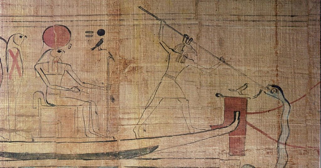 illustrazione da un papiro raffigurante Seth che uccide Apopi