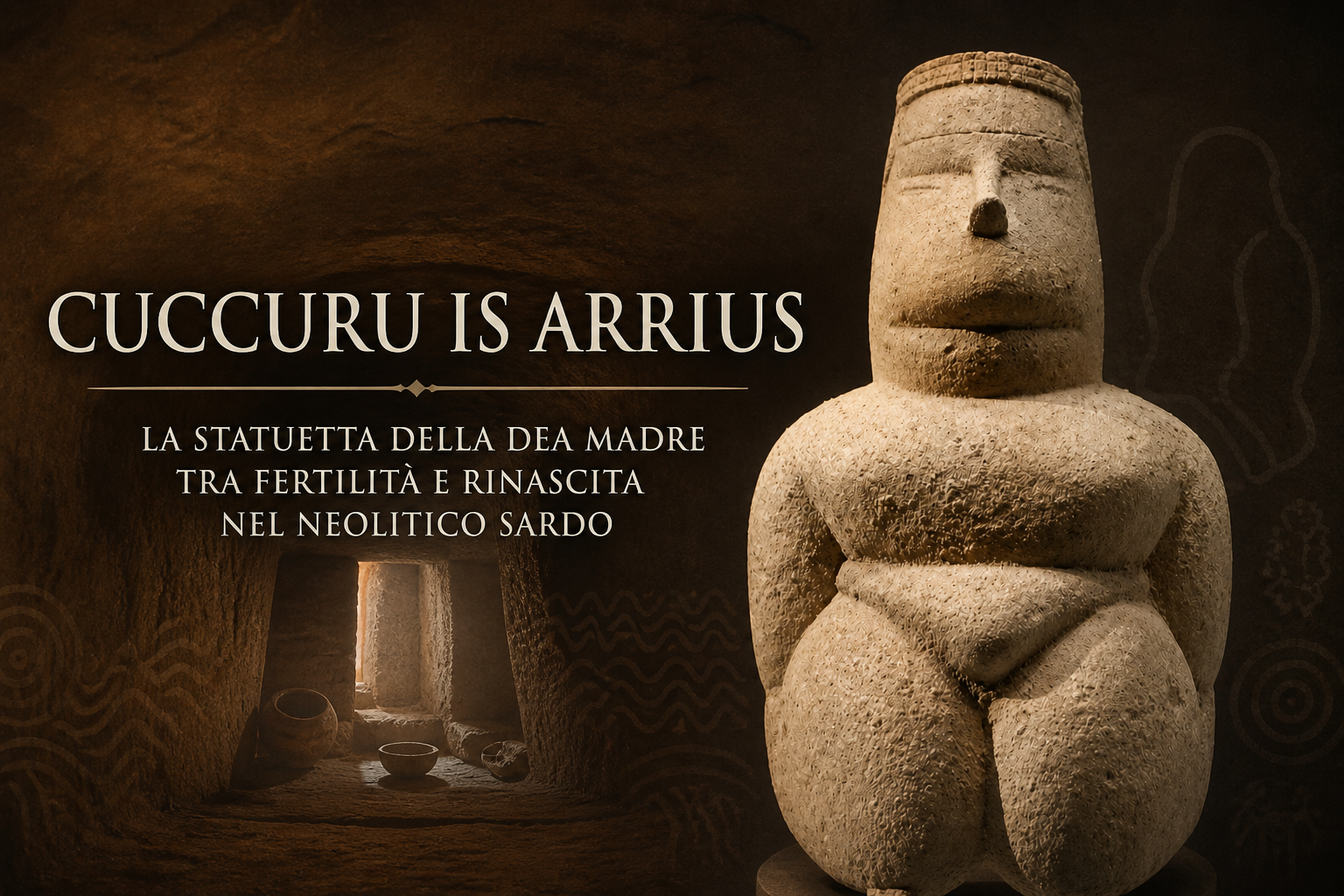 Statuetta antropomorfa femminile proveniente dall’ipogeo neolitico di Cuccuru Is Arrius, nel territorio di Cabras (Sardegna). La figura, scolpita in pietra e datata al Neolitico medio (circa 4000–3500 a.C.), è attribuita alla cultura di Bonu Ighinu.