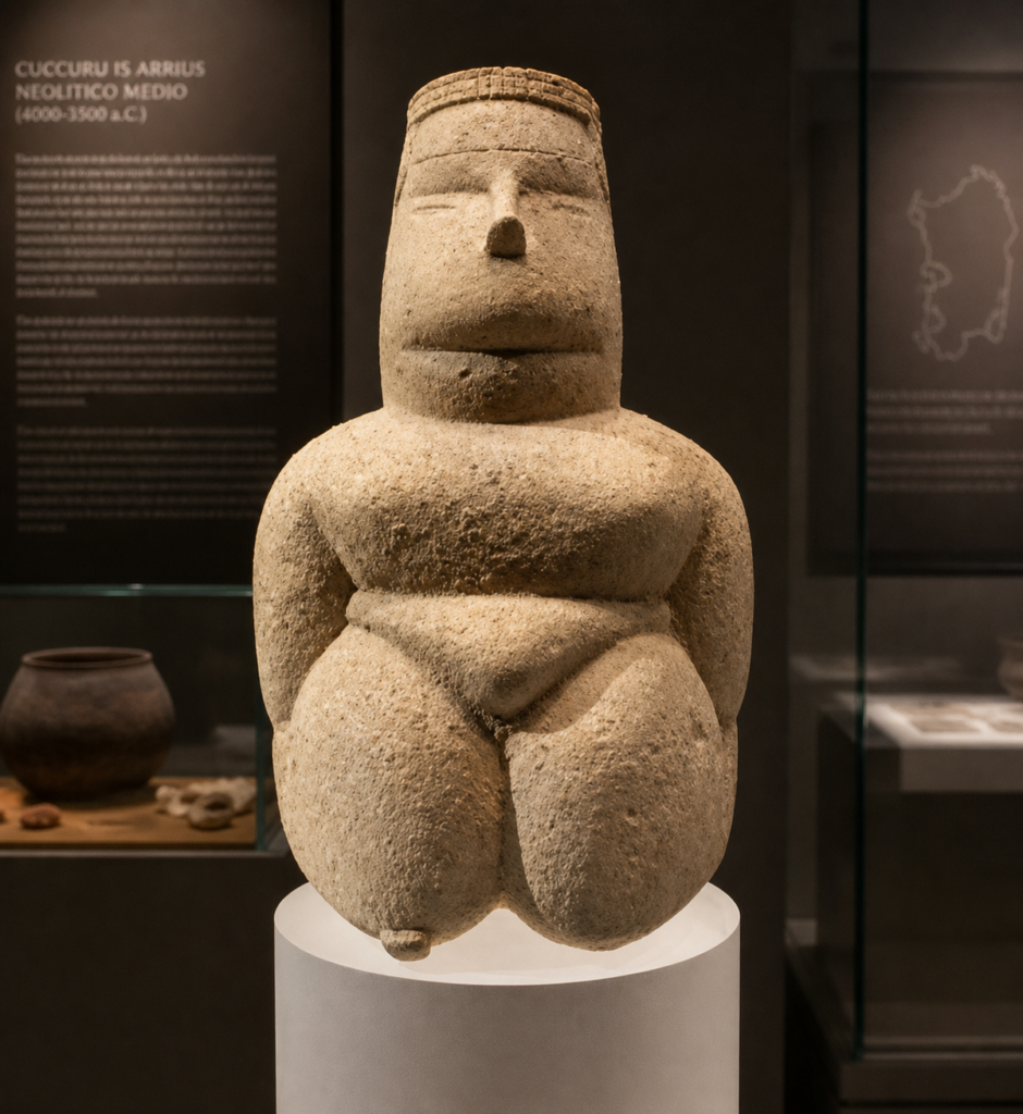 Statuetta antropomorfa femminile proveniente dall’ipogeo neolitico di Cuccuru Is Arrius, nel territorio di Cabras (Sardegna). La figura, scolpita in pietra e datata al Neolitico medio (circa 4000–3500 a.C.), è attribuita alla cultura di Bonu Ighinu.