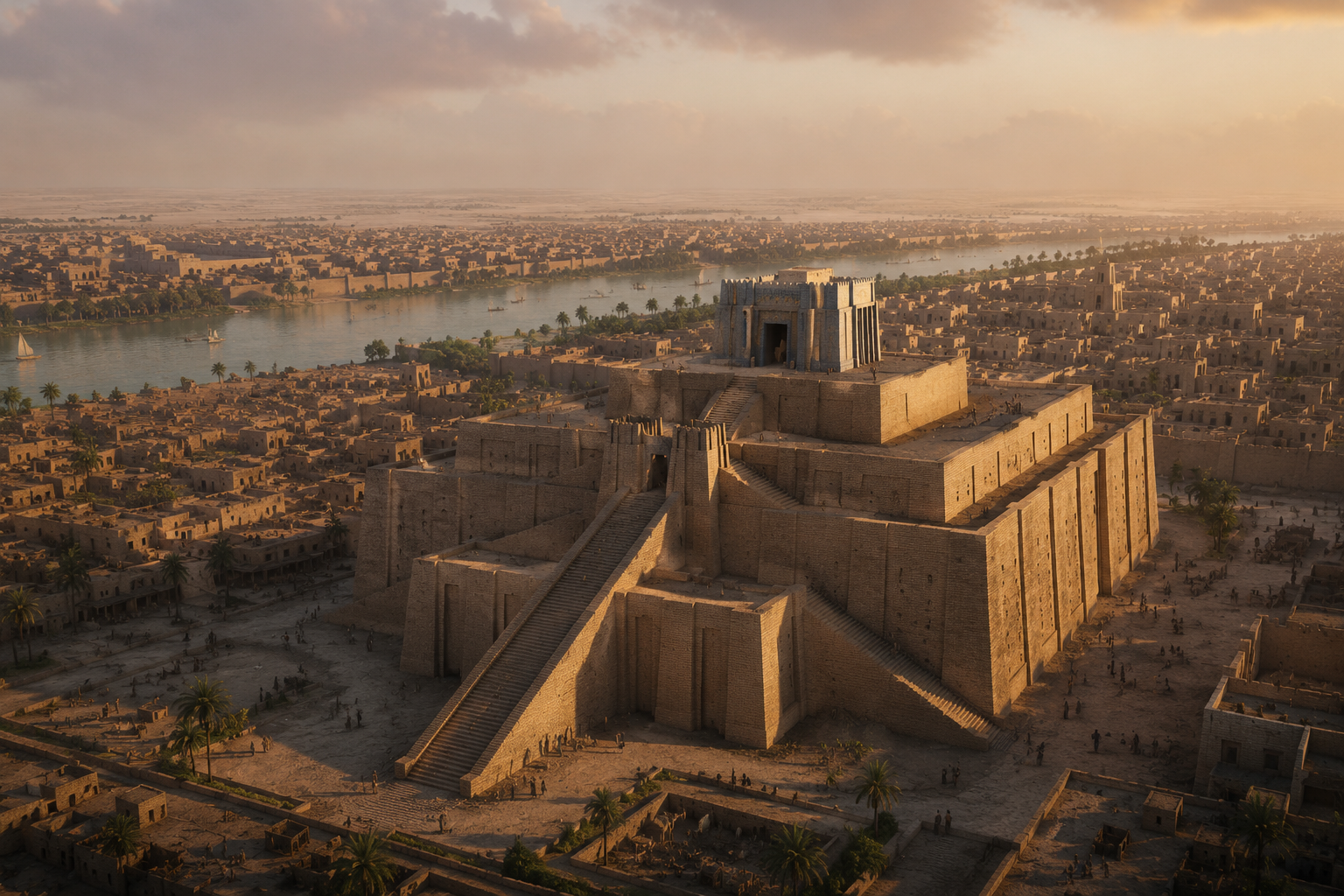 ricostruzione rialistica di uno ziggurat al centro di una città sumera