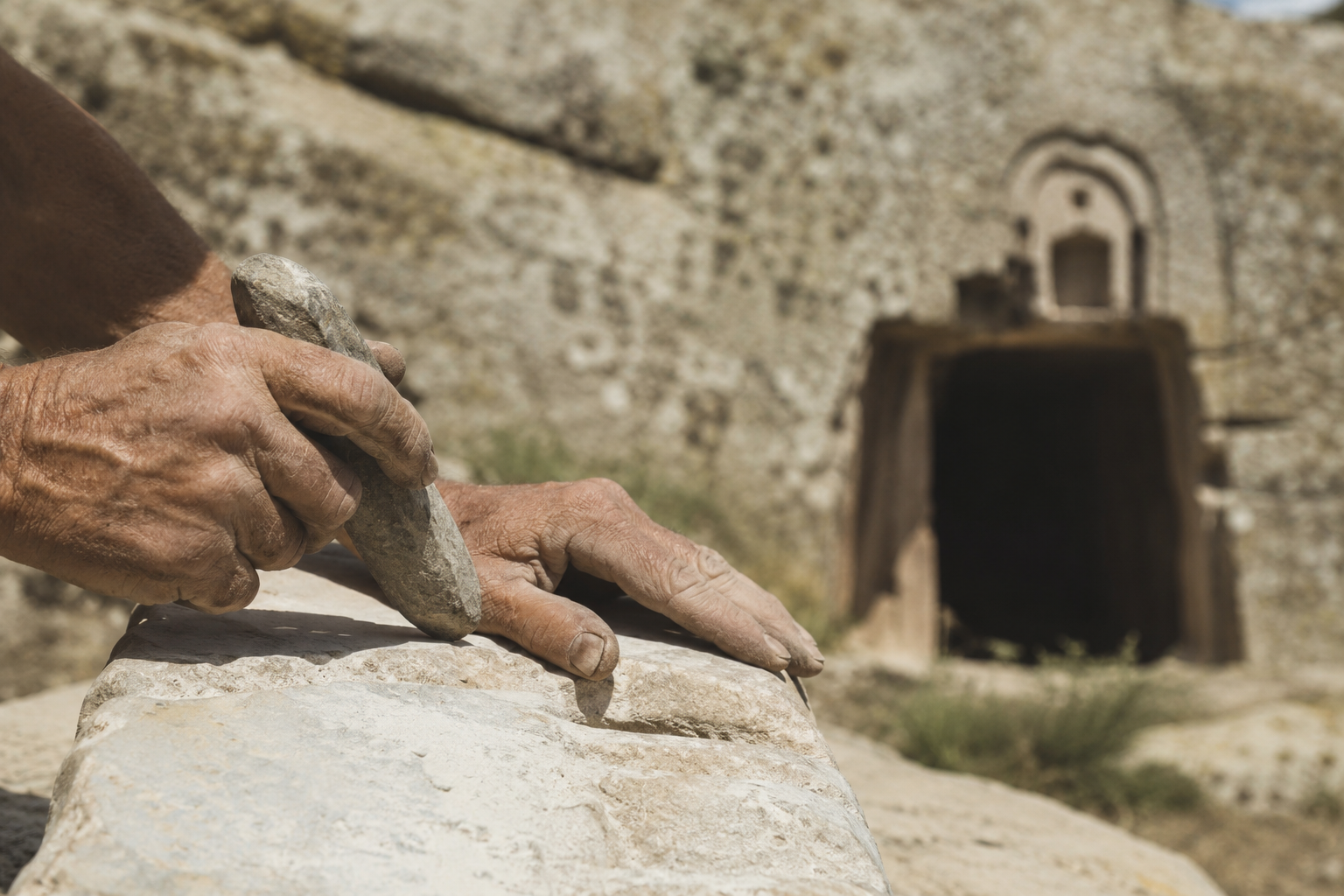 mani di un operaio mentre lavora agli scavi di una tomba ipogea